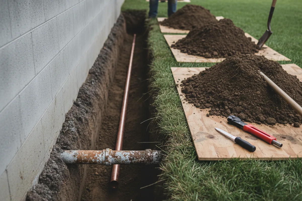 Excavated water line trench during Water Softener Installation in Morrow